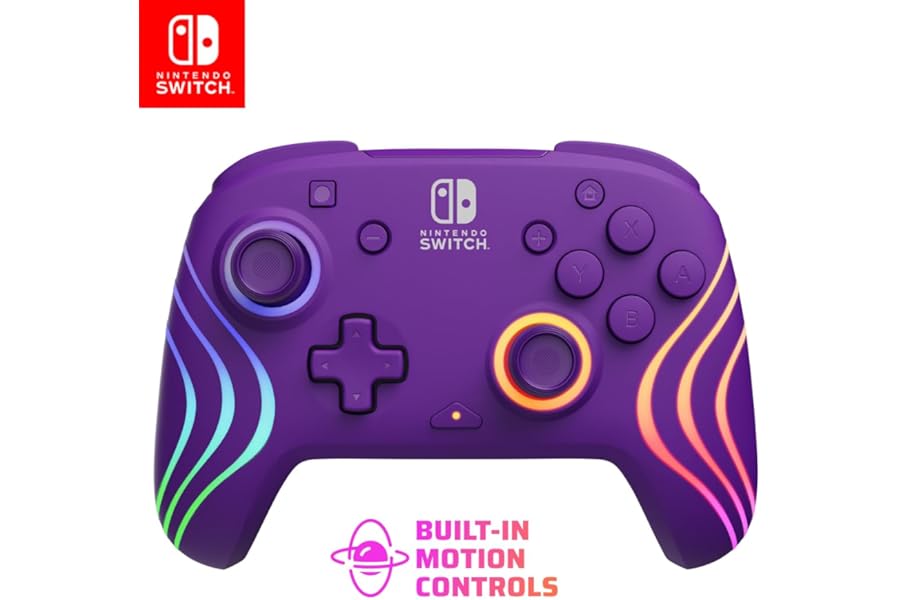 PDP Gaming Afterglow Wave Wireless Nintendo Switch Pro Controller - Officially Licensed, Nintendo Switch 2, Switch Lite/OLED, RGB LED Customization, App Controls, Rechargeable Battery Power - Purple