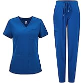 COZYFIT Medical Scrubs for Women Set - Curved V-Neck Scrub Top & Jogger Pants with 8 Pockets