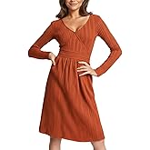 AGTCARE Womens Dresses Wrap V-Neck Empire Waist Long Sleeve A-Line Flowy Dress with Pockets