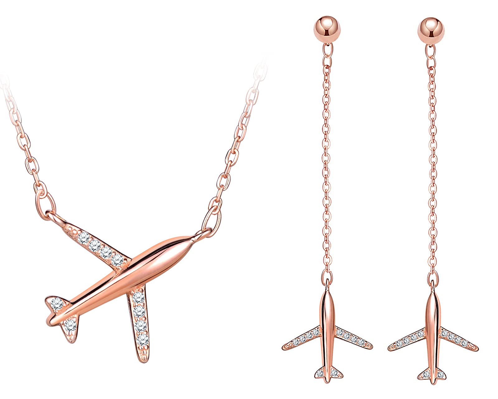Yumilok Silver Jewellery Sets for Women, 925 Sterling Silver Airplane Pendant Necklace with 45cm Chain, Long Earrings with Cubic Zirconia, Gift for Valentine's Day/Mother's Day/Christmas