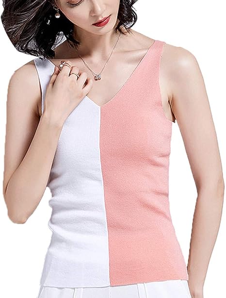 Amazon Co Jp 黒と白のコントラストカラーのノースリーブニットリヨセルvネックスリングファッションカジュアル ピンク M ホーム キッチン