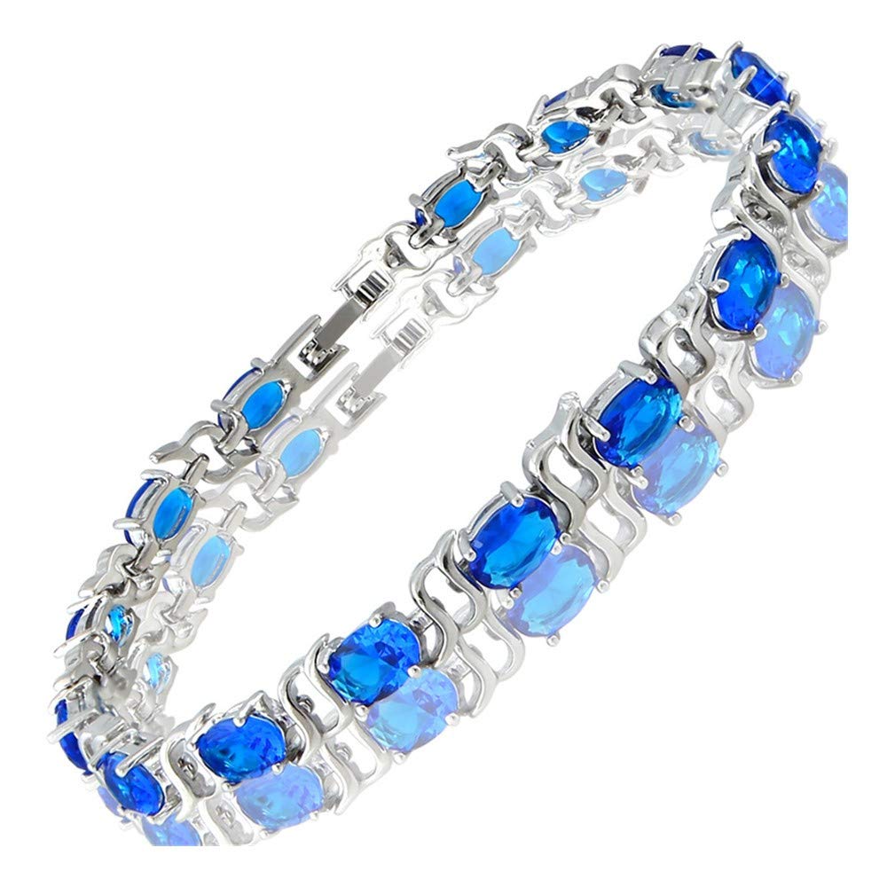 RIZILIA Tennis Bracelet [18cm/7inch] with Oval Cut Gemstones CZ [Blue Sapphire] in 18K White Gold Plated, Simple Modern Elegance