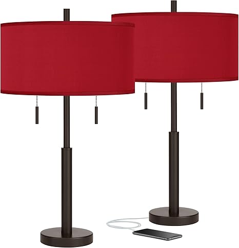 juego de 2 lamparas de mesa usb rojas de bronce de poliester