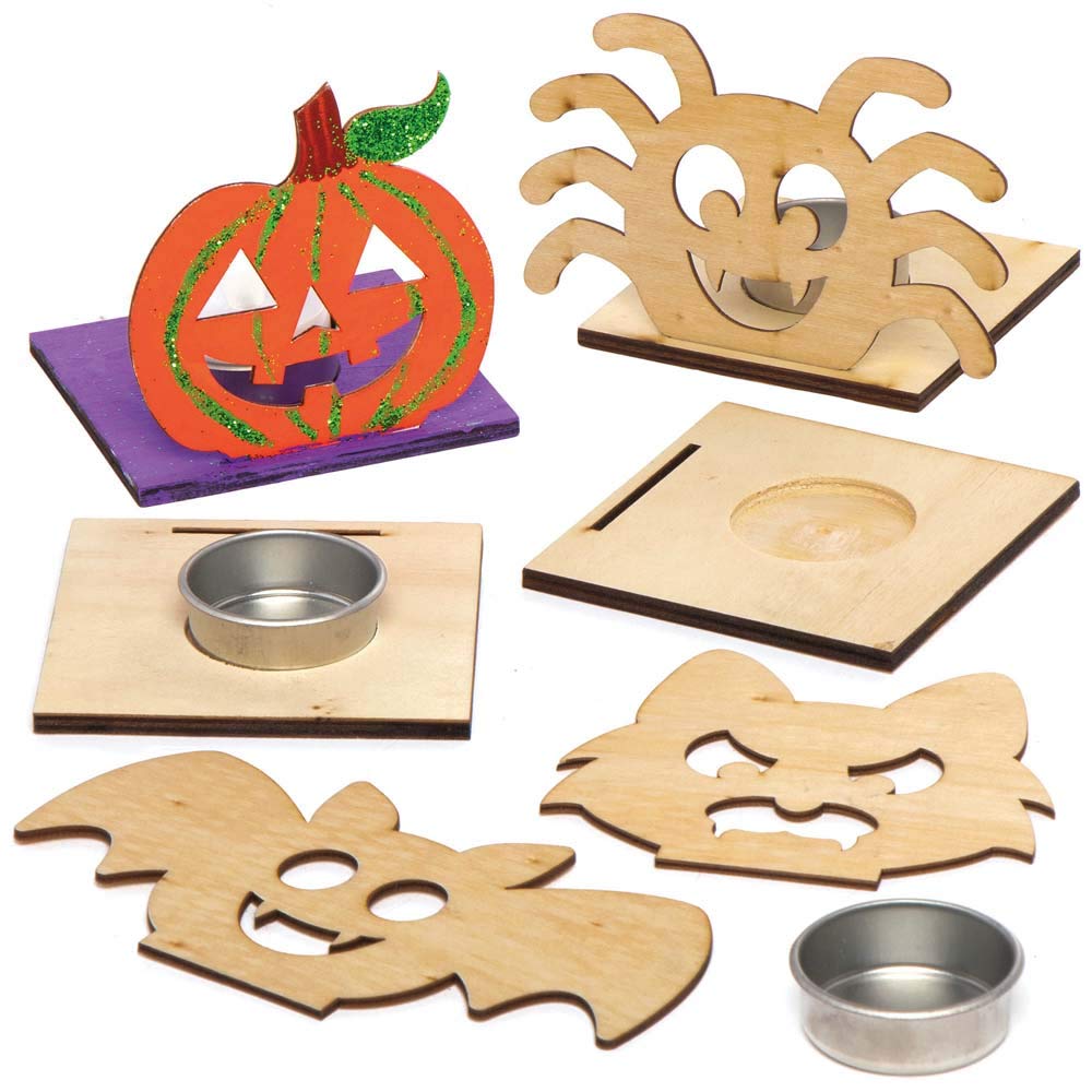 Baker Ross AX226 Halloween Wooden Tealight Kits - Pack of 4, Decorate and Display for Halloween Decorations, Ideal Kids Arts and Crafts Project