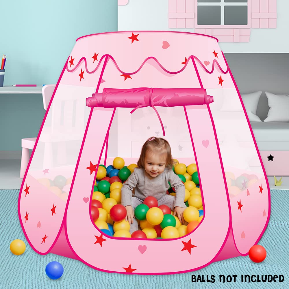 ArtCreativity Pop Up Princess Tent, Kids Playhouse Tent with a Carry Bag, Foldable Pink Princess Ball Pit for Girls 1,2 3,4 Year Old Birthday, Indoor & Outdoor Play House for Kids