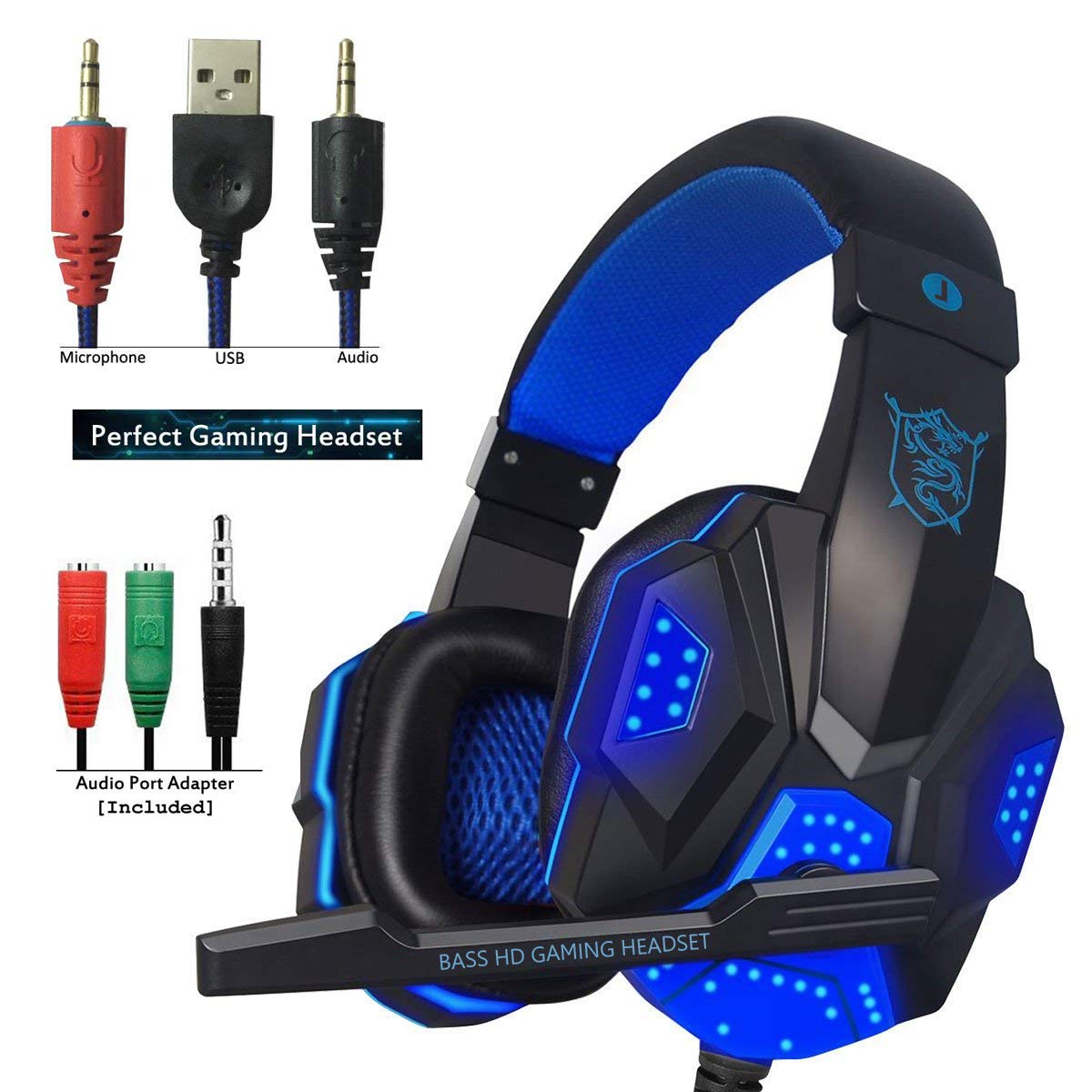 Gaming Headset for PS4 Xbox One, hyfanda Over Ear Gaming Headphones with Mic, Stereo Bass Surround, Noise Reduction, LED Lights and Volume Control for Laptop, PC, Mac, iPad, Smartphones (Blackblue)