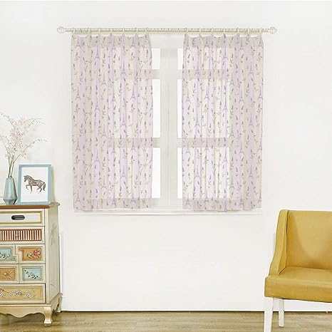 Amazon パリ 装飾 レースカーテン 幅100cm 丈108cm 2枚組 Uvカットミラーレースカーテン ラベンダーの花と柔らかいストライプの都市シンボル ライラックペールグリーンラベンダーのフラワーアレンジメント カーテン ブラインド オンライン通販