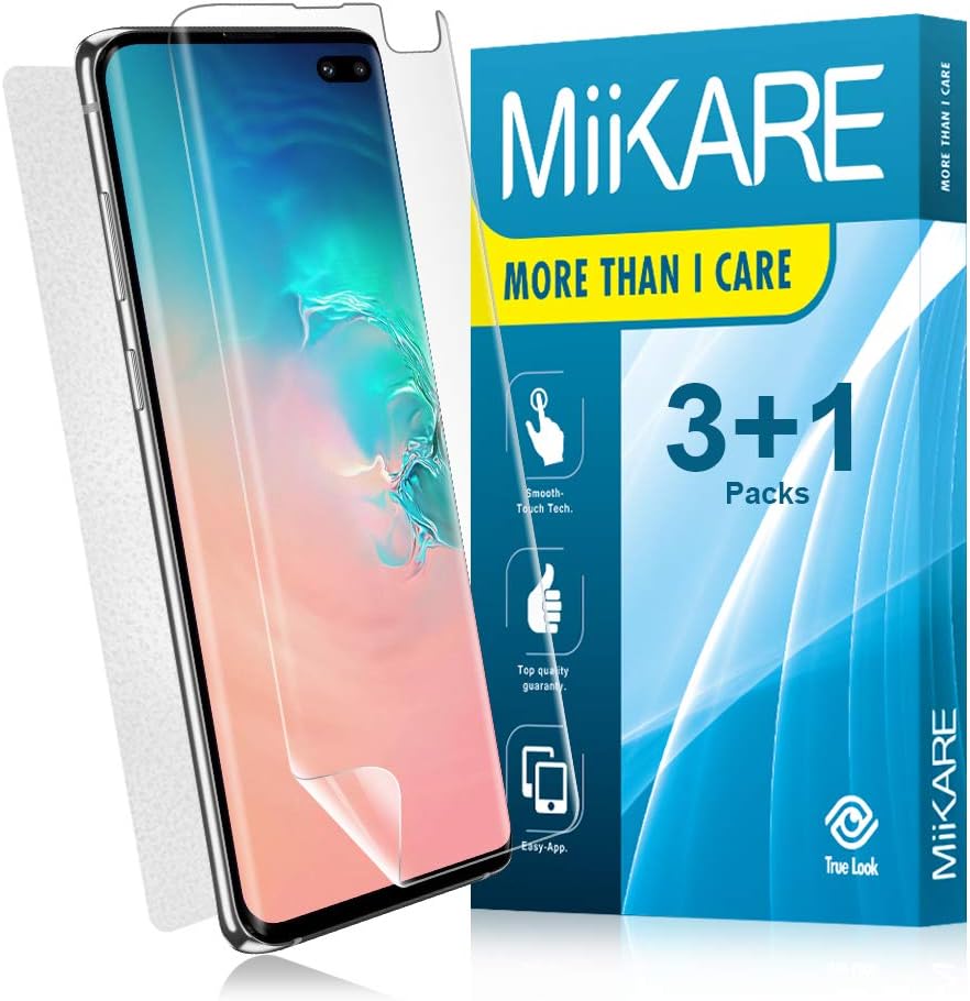 MiiKARE for Galaxy S10 Plus Screen Protector Wet-Applied Case Friendly 3-Pack Transparent Bubble Free HD Clear Screen Protector Film No-Lifting & 1-Pack Back Skin Compatible With Galaxy S10+
