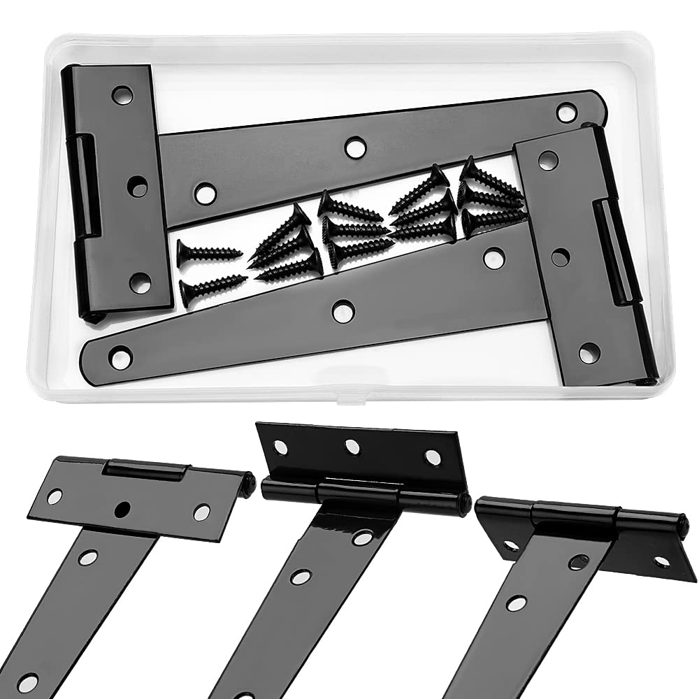 YIXISI 6 Inch T-Strap Hinge (2 Pack) With 14 Screws for Wooden Door, Gate, Windows, Fence, Sheds and Barn - Metal Strap Tee Hinge (Black)