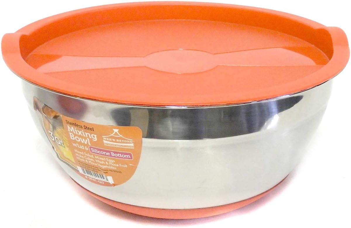 3 Quart Stainless Steel Mixing Bowl with Silicone Nonslip Bottom Red Silicone Cover