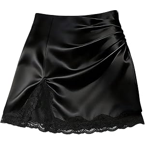 GORGLITTER Women's Lace Satin Mini Skirts Y2k Ruched Slit Bodycon Party Club Night Out Short Skirt