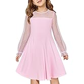 Haloumoning Girls Contrast Mesh Long Sleeve High Waist A Line Short Dress with Pockets 4-14 Years