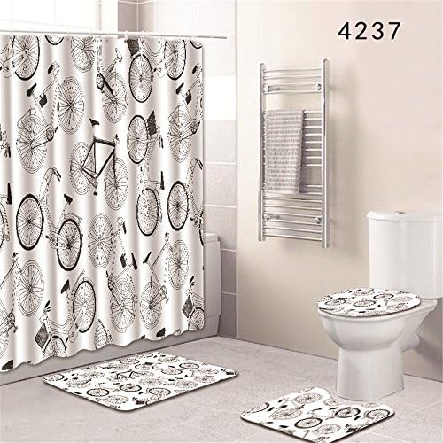 Oyeahbridal Set of 4 Art Printing Shower Curtain and Bath Mat Set,Black White Bicycle Decor Waterproof Non-slip Bathroom Curtain and Rug Set with Hooks(Multi 25)