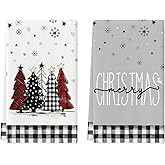 Artoid Mode Buffalo Plaid Merry Christmas Kitchen Towels Dish Towels, 18x26 Inch Winter Xmas Trees Star Decoration Hand Towels Set of 2