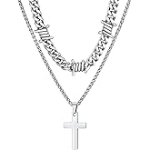 ChainsHouse Layered Cross Necklace for Men, Stainless Steel/Black/Gold Plated Cuban/Barbed Wire Necklace with Cross/Crucifix Pendant Religious Jewelry Gift Set for Dad, Husband