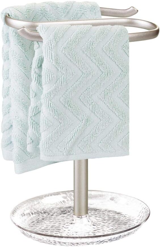 mDesign Decorative Metal Fingertip Towel Holder Stand with Base Tray for Bathroom Vanity Countertops to Display and Store Small Guest Towels or Washcloths - 2-Sided, 10.5" High - Clear/Satin: Home & Kitchen