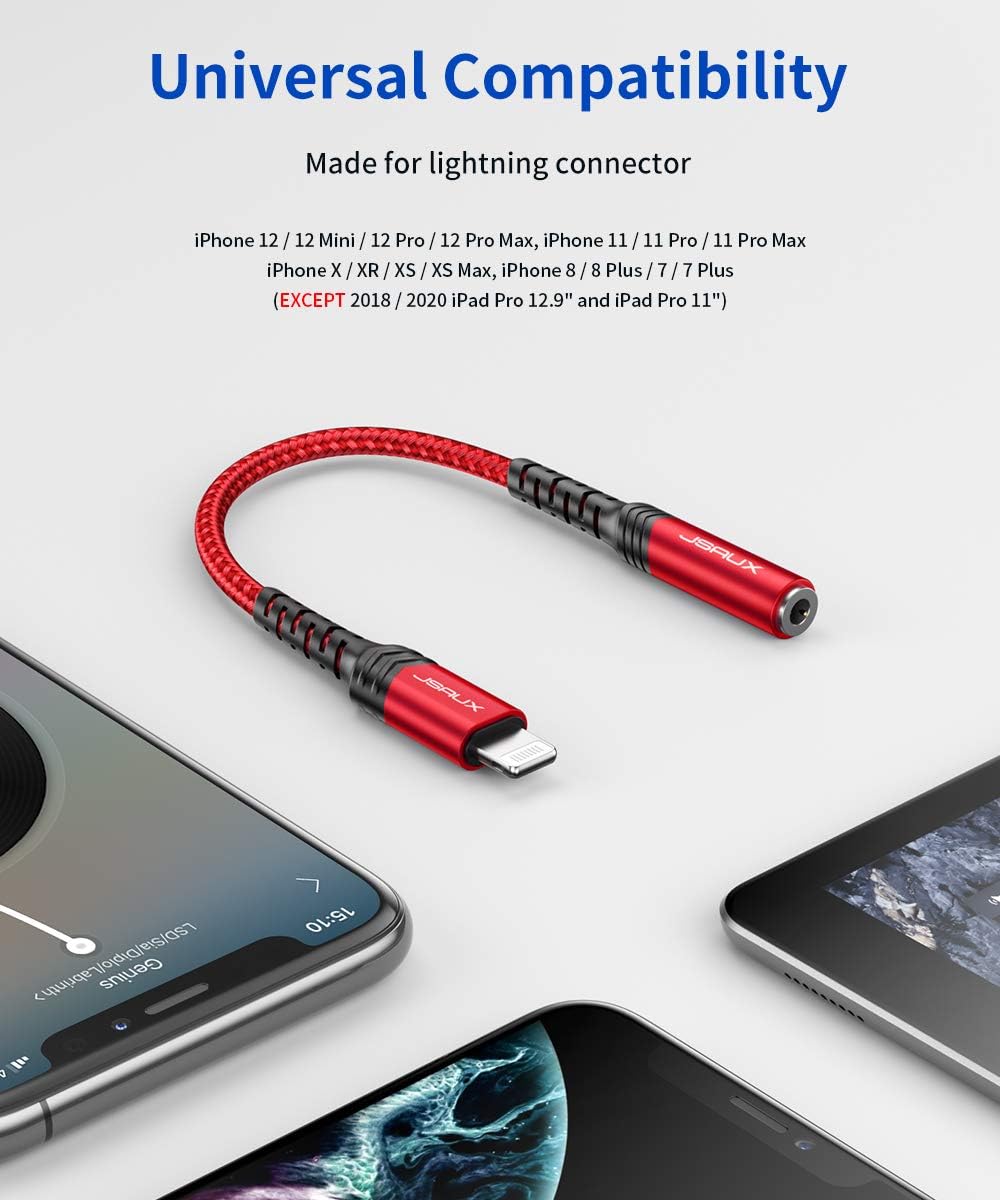 Lightning to 3.5mm Adapter, JSAUX [Apple MFi Certified] iPhone Headphone Adapter Lightning to Audio Jack Aux Converter Compatible with iPhone 12 Mini/12 Pro Max/11 Pro/11 Pro Max/SE/X XR XS Max 8-Red: Electronics