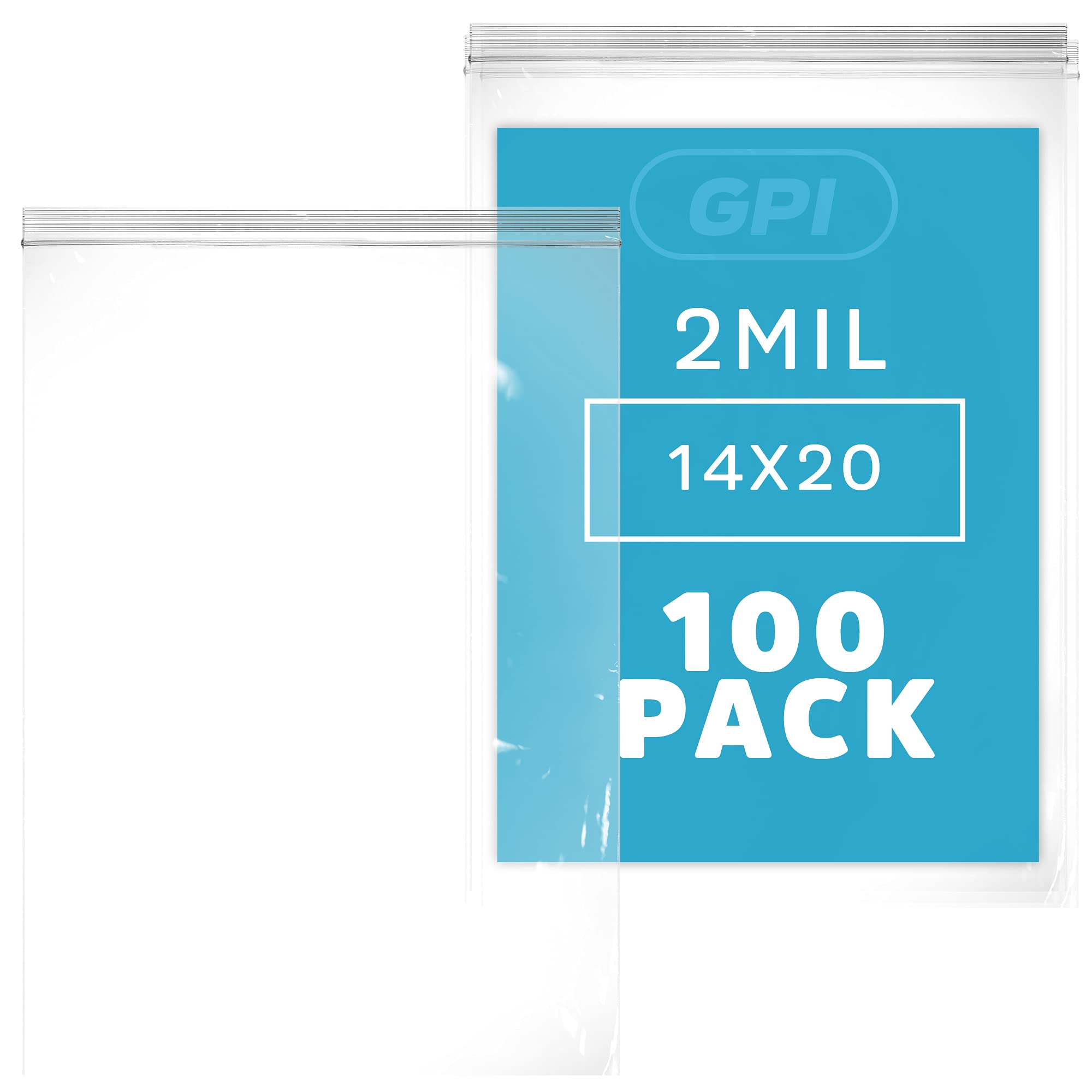 Photo 1 of GPI Pack of 100, 14" x 20" Clear Plastic RECLOSABLE Zip Bags - Bulk 2 mil Thick Strong & Durable Poly Baggies with Resealable Zip Top Lock for Travel, Storage, Packaging & Shipping