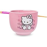 Silver Buffalo Sanrio Hello Kitty Waving Pink Ceramic Ramen Noodle Rice Bowl with Chopsticks, Microwave Safe, 20 Ounces,