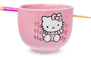 Silver Buffalo Sanrio Hello Kitty Waving Pink Ceramic Ramen Noodle Rice Bowl with Chopsticks, Microwave Safe, 20 Ounces,