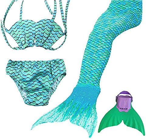 Mermaid Tail Swimwear Girls 4pcs Set Sparkle Mermaid Bikini Swimsuit Includes Monofin (12=140cm, water green)