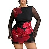 BEAUDRM Women's Plus Size Floral Sheer Mesh Mini Dress Long Bell Sleeve Wedding Guest Dresses Going Out Dresses