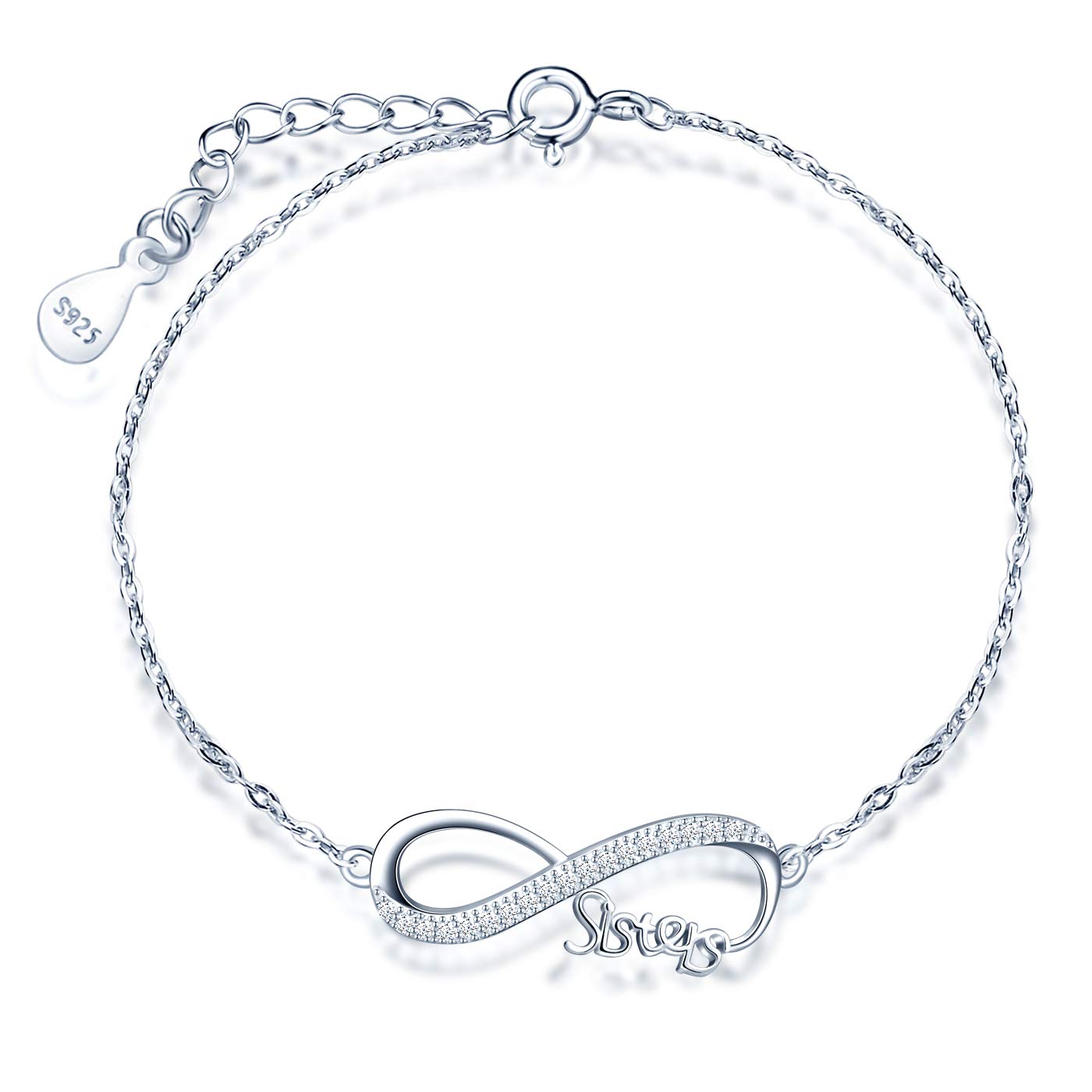 INFINIONLY Women's Girl's 925 sterling silver Bracelet, Infinity symbol and "Sisters" letter, Inlaid zircon, silver, Christmas and Birthday gift
