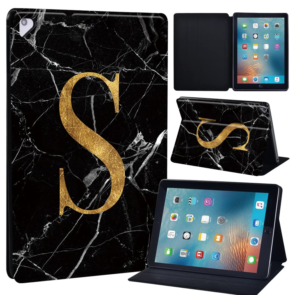 Initial Letter Leather slim lightweight Stand Cover Case for Apple New iPad 9.7 2018 2017(6th Gen, 5th Gen)/iPad Air 2/iPad Air/iPad Pro 9.7 Tablet with Auto Wake/Sleep (blackmarbleS)