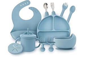 MBQMBSS Baby Silicone Feeding Set, 13PCS Baby Self Feeding Set, Toddler Led Weaning Utensils Sets with Suction Bowl and Plate, 3 Set of Baby Spoons and Forks, Adjustable Bid, Sippy Cup with Straw and 2 Lids