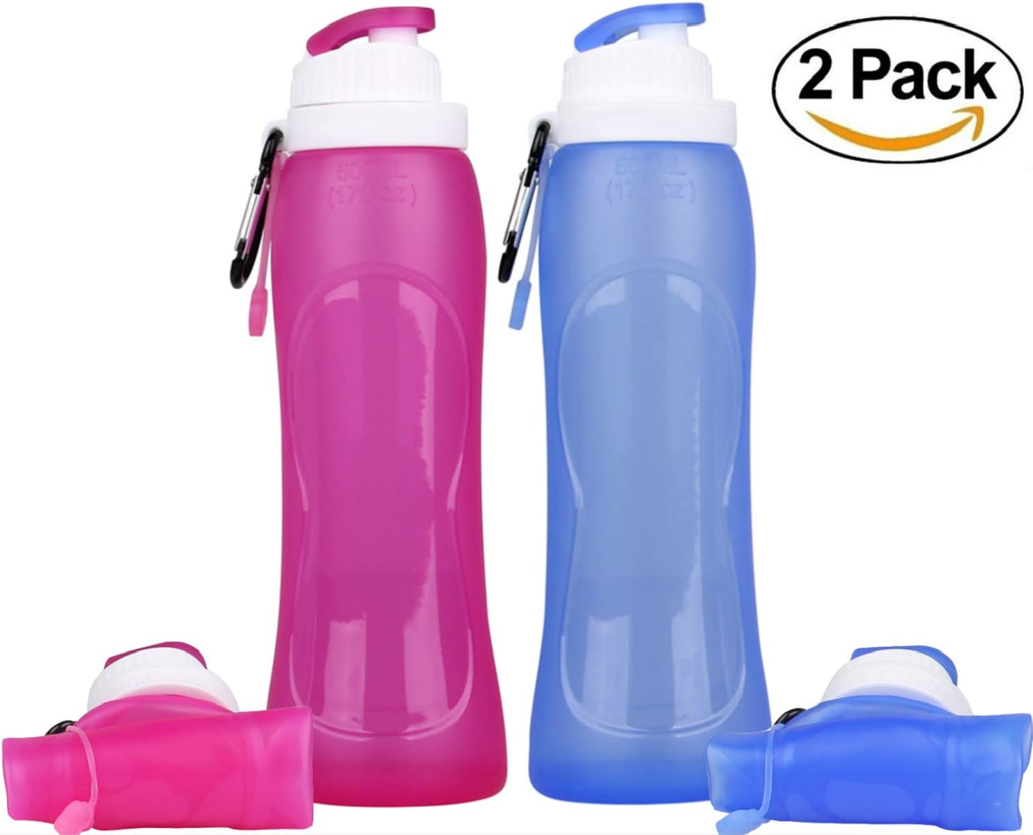 KCOGOO 2 Pack Collapsible Silicone Water Bottle, Couples Leak-Proof Lightweight Portable Cup roll up for Outdoors, Hiking, Camping, Biking, Sports and Traveling Red and Blue 17oz(500ml)
