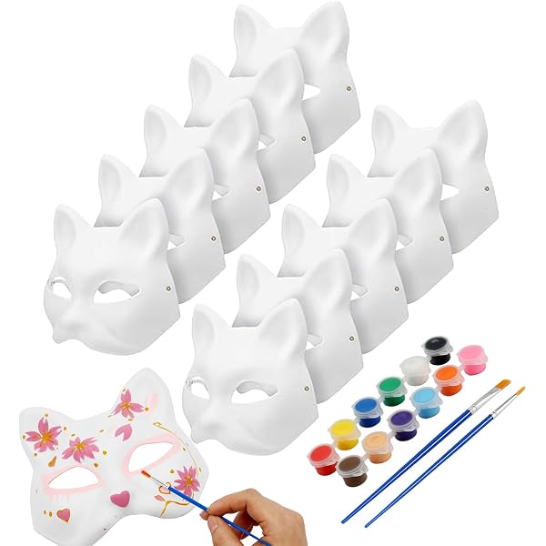 Lot de 6 masques de chat avec mailles en fourrure et autocollants en pierres précieuses, kit de masque Therian pour peindre le masque d'Halloween (8
