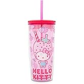 Silver Buffalo Sanrio Hello Kitty Strawberry Spill Resistant Plastic Tumbler, 20 Ounces