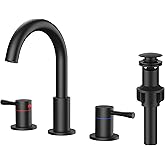 FORIOUS Black Bathroom Faucet 3 Hole, 360° Swivel 8 Inch Widespread Bathroom Sink Faucet with Deck Plate and Pop Up Drain 2 Handle Faucets for Sink, Vanity, RV, Lavatory, Farmhouse