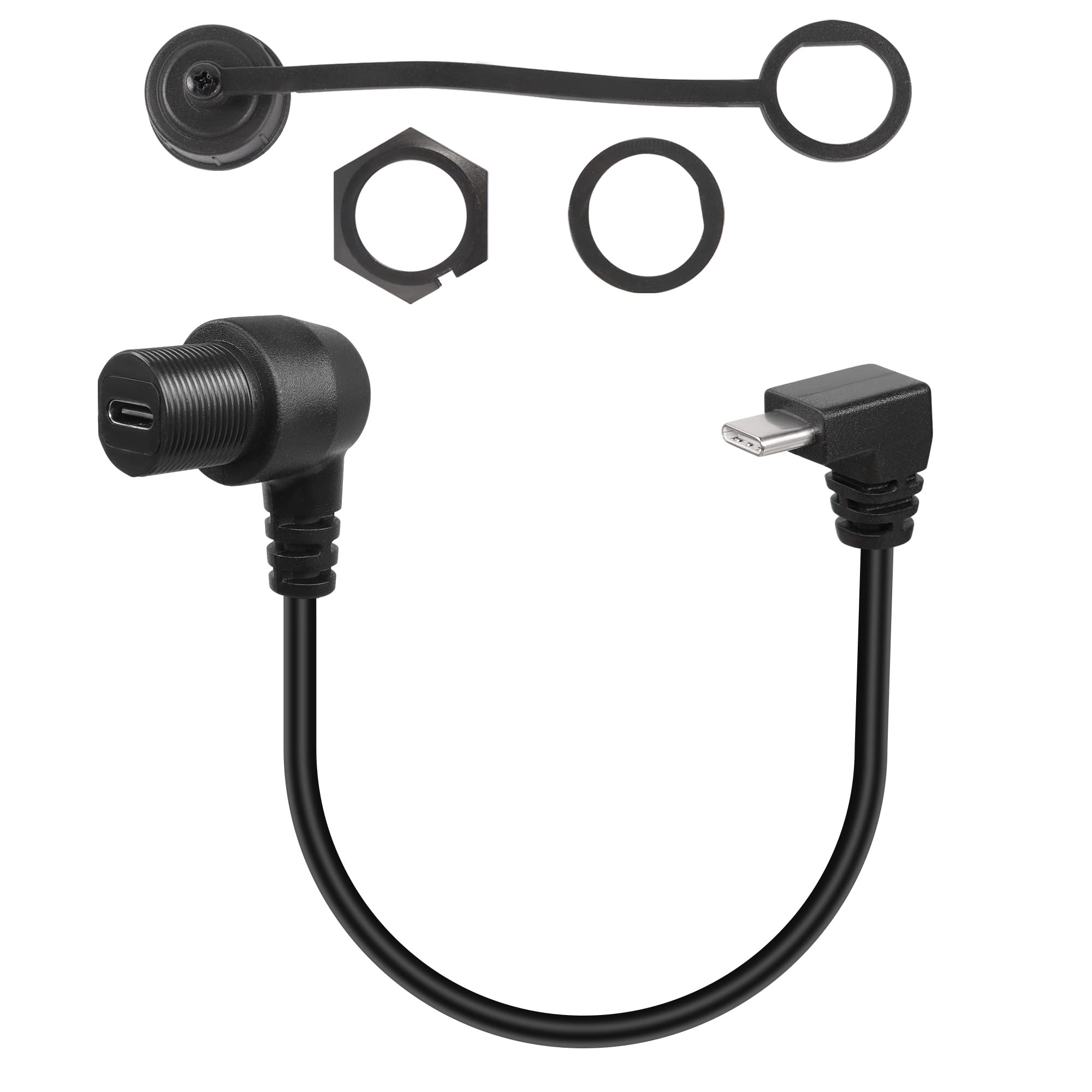 QIANRENON 90 Degree Angle USB C Flush Panel Mount Cable USB Type C 2.0 Female to Male Right Angle Waterproof Extension Cable, Threaded to Dashboard or Panel, 30cm/11.8 in