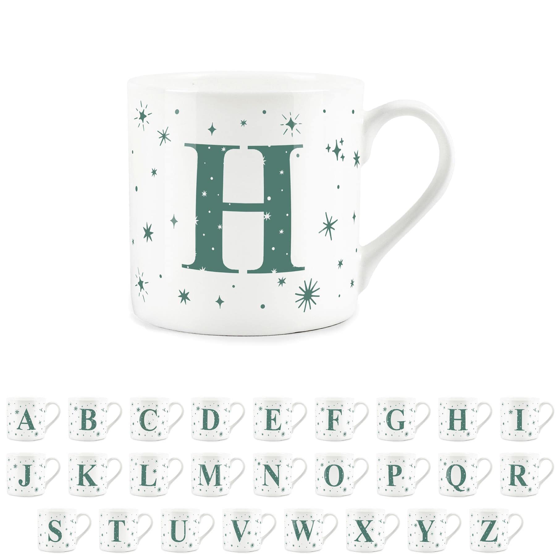 Purely Home Letter H Star Mug - Bone China White Coffee/Tea Present Gift - Alphabet Letter Mug with Stars in Teal Green Blue