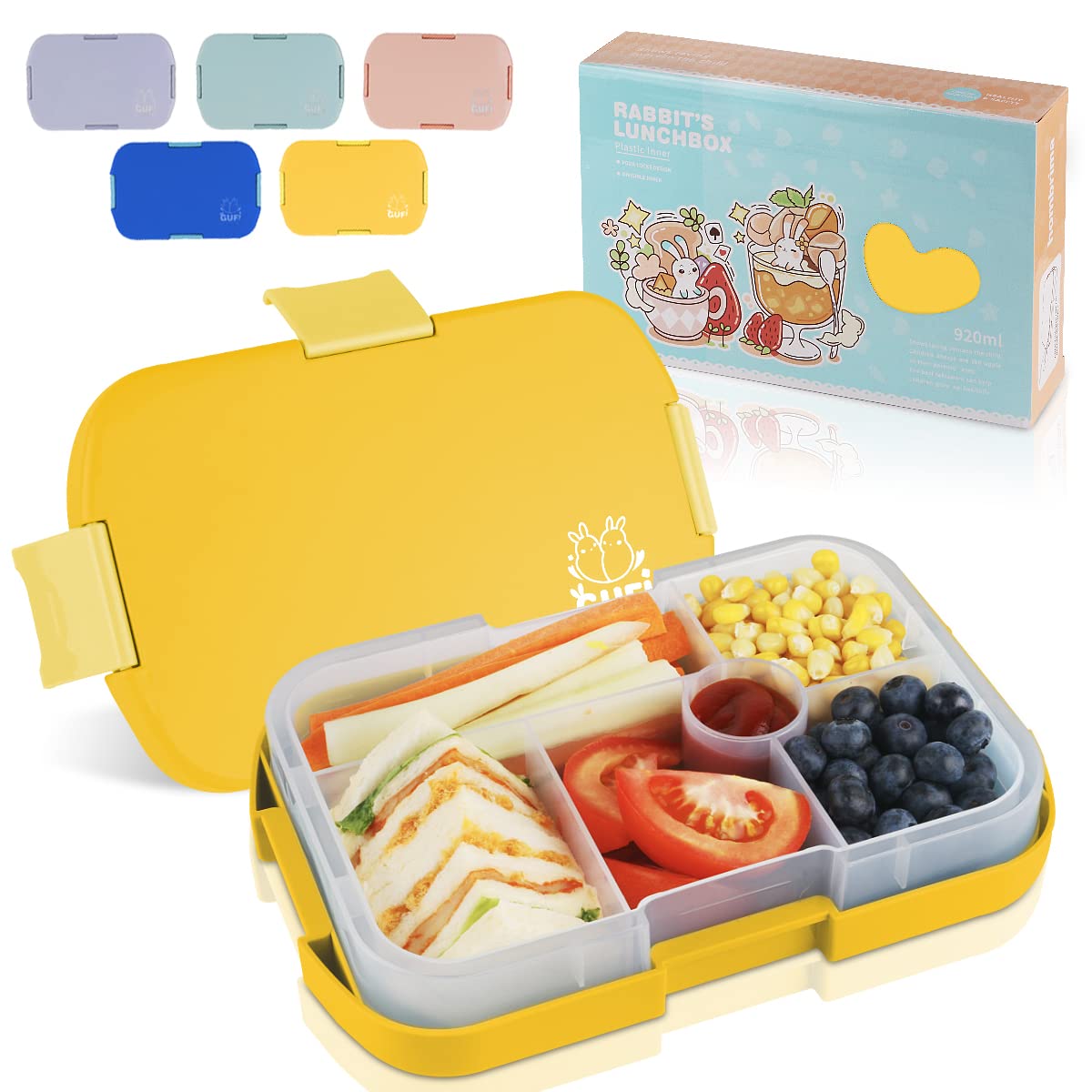 hombrima Kids Bento Lunch Box with 6 Compartments, Lunchboxes for Childrens Girls Boys Adults Work School, BPA Free, Leakproof, Microwave Safe(Yellow)