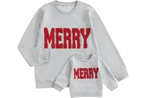 PUDCOCO Family Matching Mommy and Me Christmas Sweatshirt Long Sleeve Crewneck Merry Embroidery Pullover Top