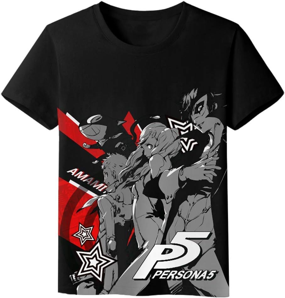 MOE T-Shirt for Men&Women Hot Anime Persona 5 P5 Tee Original Tops, Milk Silk, Black, Crew-Neck, Short Sleeve