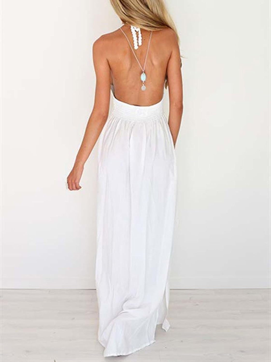 LILBETTER Women's Beach Crochet Backless Bohemian Halter Maxi Long Dress at  Women’s Clothing store