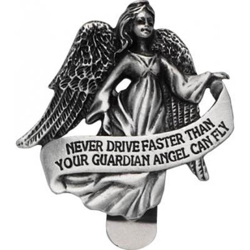 CAR VISOR Clip - Guardian Angel - 'Never Drive Faster...' PEWTER - with Double Heart Pewter Love Brooch