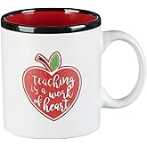 Teaching is a Work of Heart Coffee Mug, w/Red Heart Apple, Teacher Appreciation End of Year Gift, 13 oz White Ceramic Microwave Dishwasher Safe