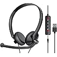 FEABASK USB Headset with Microphone for PC Laptop - Wired Computer Headphones with Noise Cancelling Microphone for Home Office Online Class Skype Zoom Meetings,in Line Mute Controls