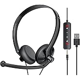 FEABASK USB Headset with Microphone for PC Laptop - Wired Computer Headphones with Noise Cancelling Microphone for Home Office Online Class Skype Zoom Meetings,in Line Mute Controls