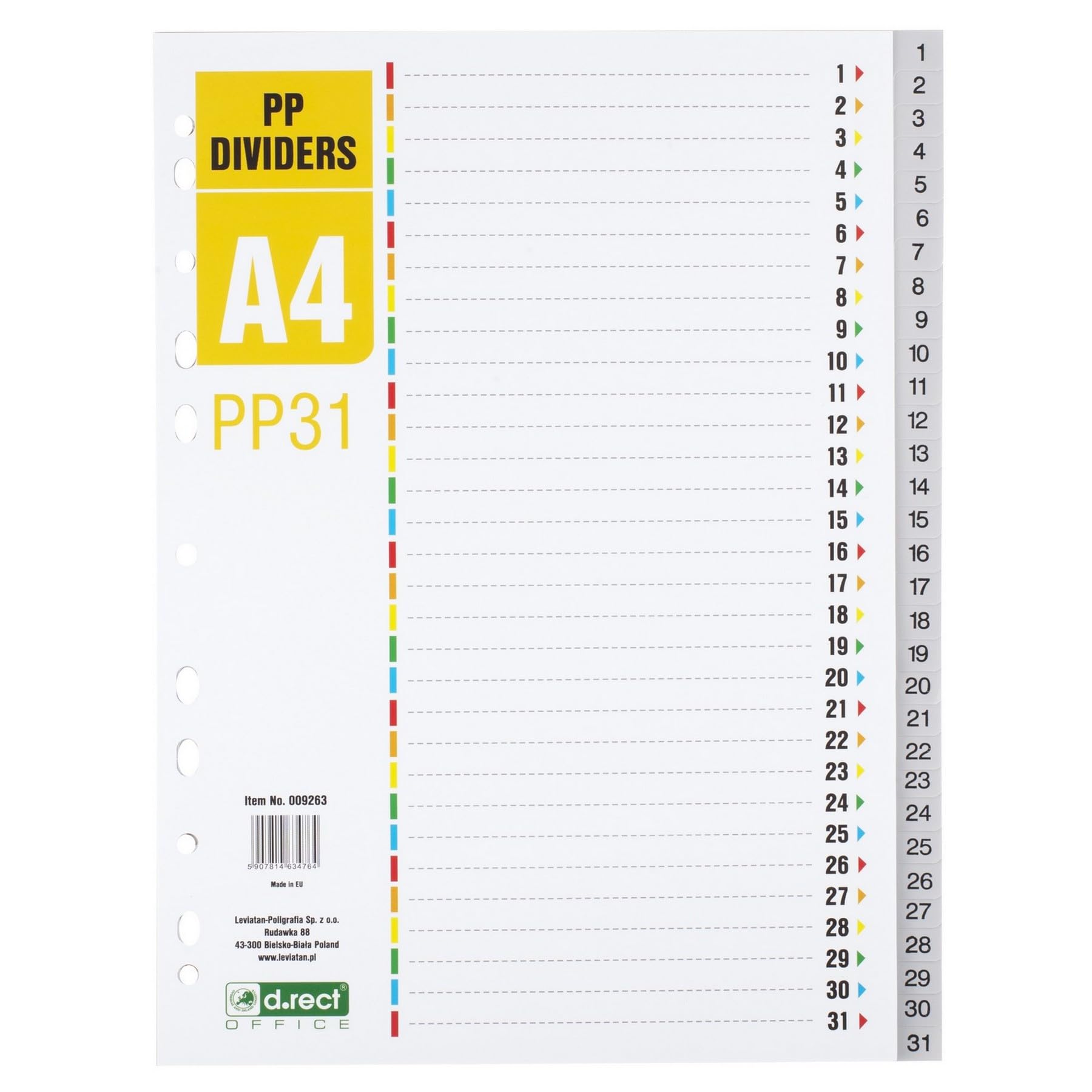 D.RECT Index for A4, PP31, 31 Dividers, Ring Binder, Tabs with Numbers 1-31, Grey, Colour Dividers Made of PP, Polypropylene