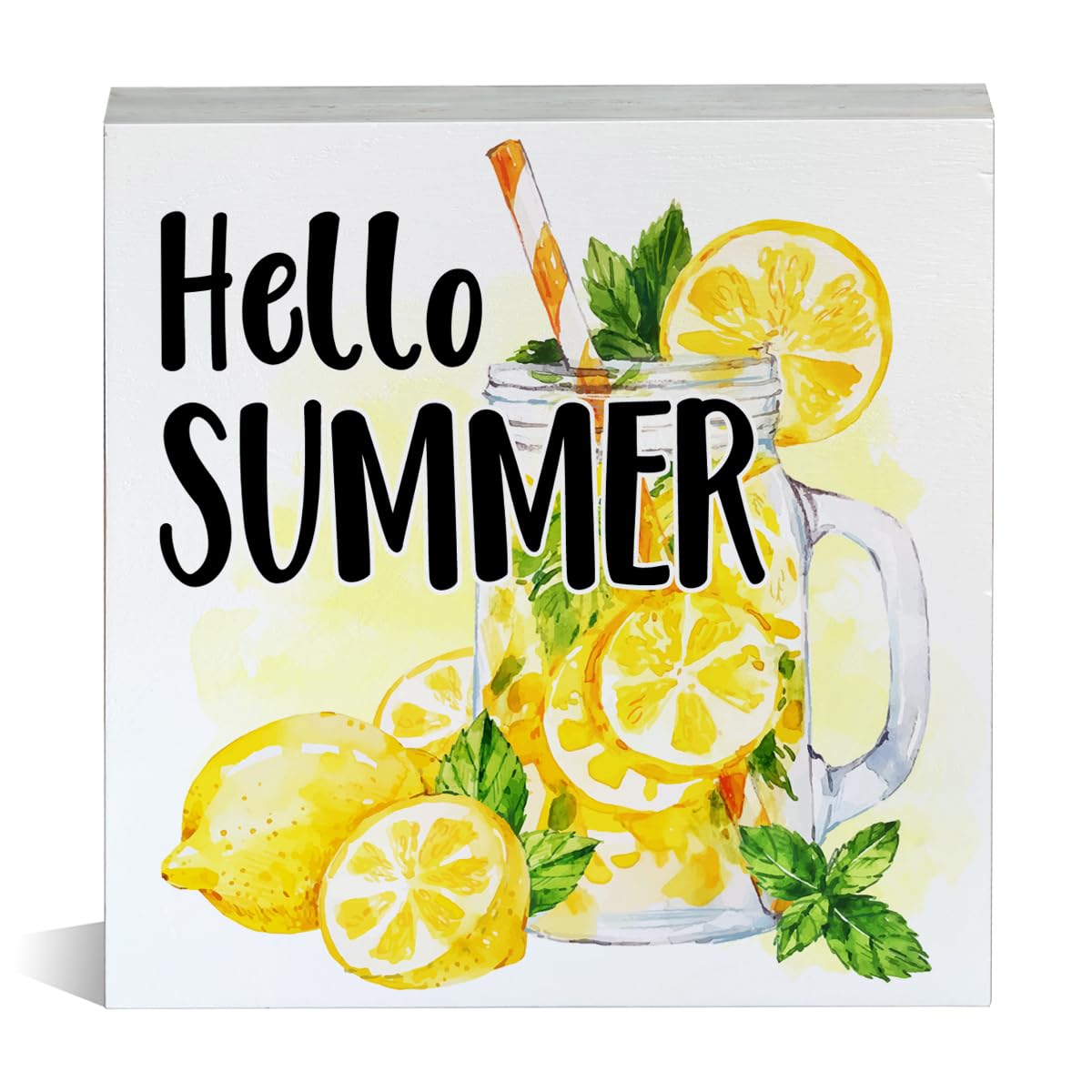 Photo 1 of Farmhouse Summer Theme Wooden Box Sign Lemonade Lemons Wood Block Tabletop Sign Decorative Summer Desk Sign Home Kitchen Shelf Decor 5 X 5 Inches