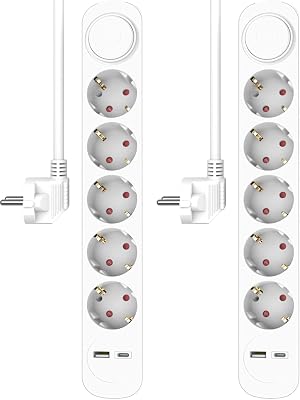 ES305 - fita de 5 tomadas com cabo e interruptor de 1,5 m, 5 tomadas + USB + USB-C, proteção infantil, ficha Schuko, máximo 3680 W, certificado TÜV