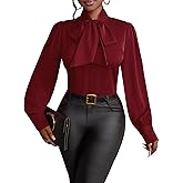 Vrtige Women's Elegant Bow Tie Neck Long Sleeve Blouse Office Shirt Top