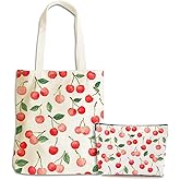 Cute Cherry Beach Bags for Women Girls Daughter Sister Grandma Fruit Lovers Birthday Christmas Nurse Boss Day Canvas Tote Bag Makeup Bag, Reusable Grocery Bags with Inner Pocket for Shopping
