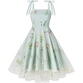 Women's Spaghetti Strap Floral Embroidered Dress for Women Flower Embroidery Tulle Prom Dress Tie Strap Sleeveless Square Neck Wedding Guest Dresses A Line Cocktail Party Swing Dress Light Green XL