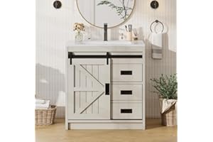AMERLIFE Farmhouse Bathroom Vanity with Sink Combo, 31in Sliding Barn Door Bathroom Vanity Cabinet Set with Storage Drawers, Metal Handles, Small Single Bath Storage Vanity Sink, Antique White